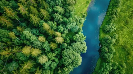 Aerial perspective of a rural landscape in summer drone view of forest and river