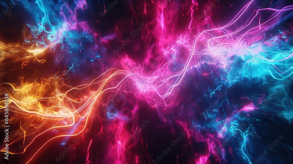 Poster glowing neon lights forming abstract patterns on dark background digital art