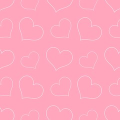 White outline of hearts on a pink background repeating pattern