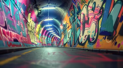 graffiti art tunnel with bright colors and unique designs digital painting