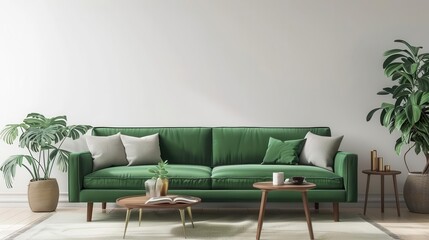 green sofa and stylish decor in modern living room isolated on white 3d rendering