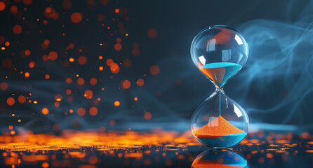 high resolution of an hourglass with blue and orange sand on dark background, copy space concept, 3d rendering illustration