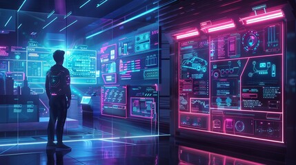 The image is set in a dark room with a blue and purple neon glow. A man is standing in the center of the room, looking at a large screen with a lot of data on it.