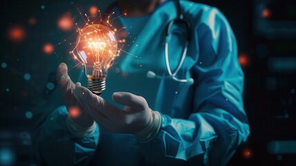 illuminated light bulb held by a medical professional symbolizing hope and innovation in healthcare technology amidst the challenges of the covid19 pandemic digital illustration