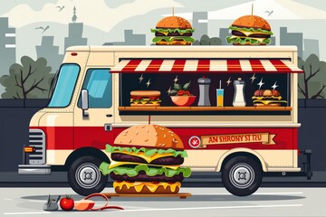 A food truck painted red and white is parked on a city street. The truck has a large image of a hamburger on the side. The truck is also selling hot dogs and drinks.