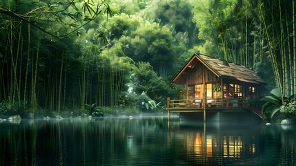Naklejka premium House in a cool and lush tropical forest, small lake in front, surrounded by bamboo trees and greenery
