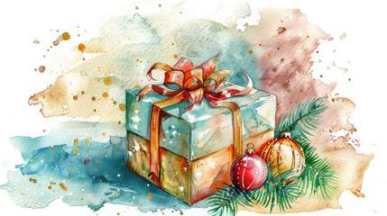 Stylish holiday present with ribbon and ornaments