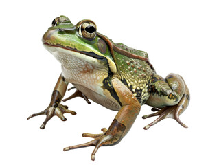 Fototapeta premium A vibrant green frog with brown markings, sitting on a black background. Its large eyes are focused on the viewer.