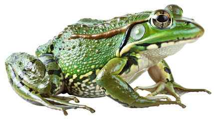 Fototapeta premium A vibrant green frog with intricate markings, sitting on a black background.