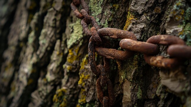 A chain is hanging from a tree. Environmental concept - Powered by Adobe