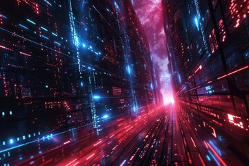 Fototapeta premium Futuristic city with red and blue lights 