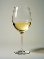 Craft a high-angle representation of a radiant White Wine glass, exuding a fluorescent light, on a pristine and isolated white surface