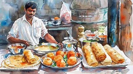 Aquarelle painting of an Indian street food stall with a man cooking.
