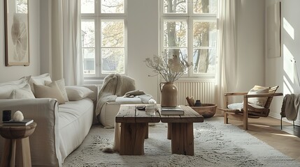 A Scandinavian living room with a cozy atmosphere, featuring soft textiles, wooden accents, and natural light