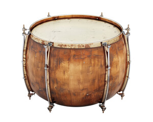 A vintage wooden drum with metal hoops and a worn leather head.  Isolated on black.  Perfect for music, history, and nostalgia themes.