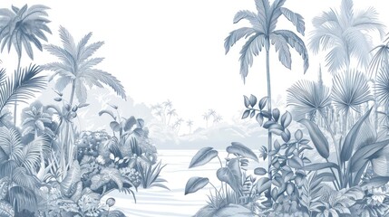 line drawing enchanting jungle tropical plants and trees wallpaper