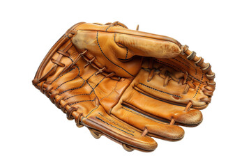 A well-worn brown leather baseball glove isolated on a black background.  The glove is open and ready to catch a ball.