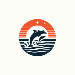 Naklejka premium Colorful Sunset Over Ocean Waves with Cute Jumping Dolphins in Circular Design Logotype