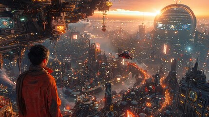 man looking at a futuristic city at night