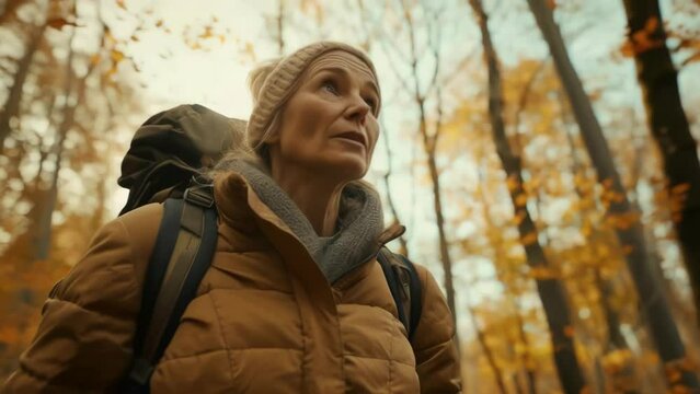 Woman wearing brown jacket and hat is walking through forest