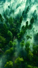 Misty landscape with fir forest in vintage style. There are mountain peaks in the distance