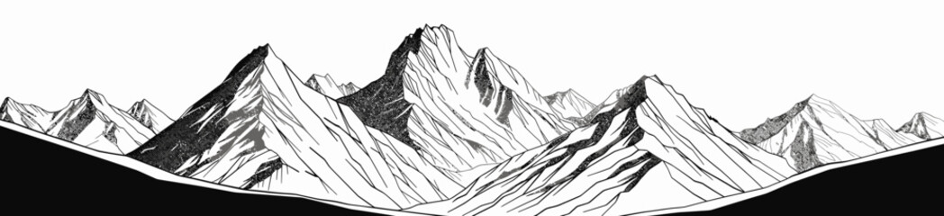 a black and white drawing of a mountain range