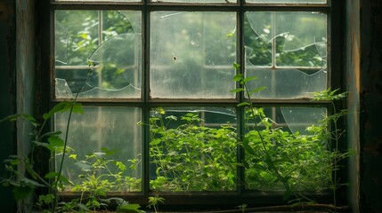 A window with a view of a garden and a spider web. Environmental concept