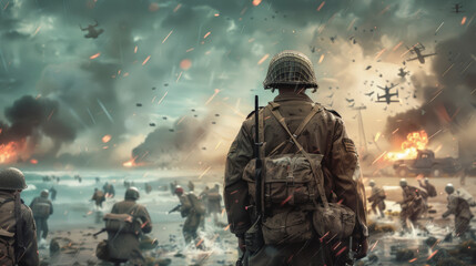 Soldiers storm a beach under heavy fire, with explosions and aircraft overhead, creating a chaotic and intense combat scene reminiscent of World War II battles.