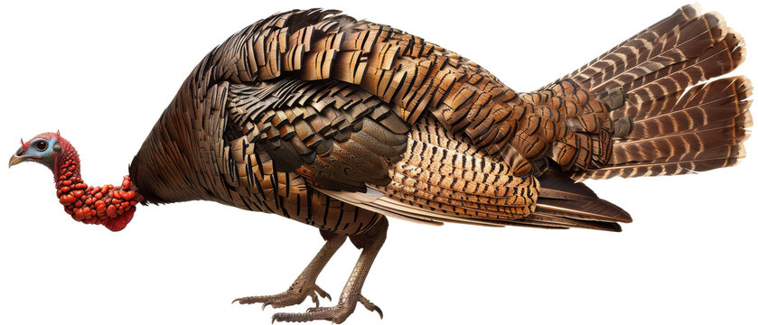 A wild turkey with brown and gray feathers, isolated on black background.