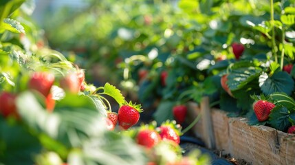 Obraz premium Rows of strawberries flourish in garden beds that are elevated Embracing organic cultivation methods
