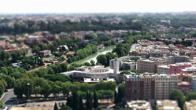 Panoramic view of Rome, seen from the Zodiaco Terrace. Miniature effect, panorama.