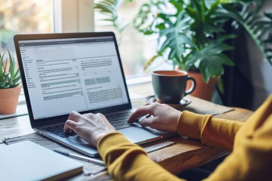 An animated illustration of a job applicant filling out an online application form on a laptop The screen shows various fields and questions related to the job position The setting includes a cozy