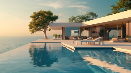 Fototapeta premium Luxury beach house with sea view swimming pool and terrace in modern design. 3d illustration of contemporary holiday villa exterior.