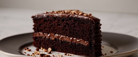"Decadent chocolate cake displayed on a table