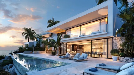 Fototapeta premium Luxury beach house with sea view swimming pool and terrace in modern design. 3d illustration of contemporary holiday villa exterior.