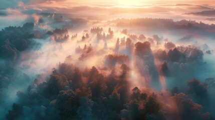 mystical foggy forest with fairies and mythical creatures at sunrise colorful fantasy aerial view