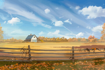 a painting of a farm with a house in the background