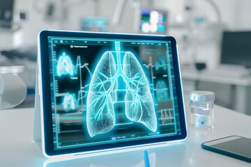 The bright and simple setup consists of a large tablet that displays bright blue 3D Lung