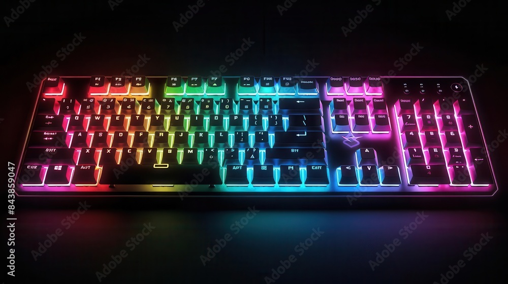 Poster neon glow computer keyboard with colorful backlit keys gaming concept digital art