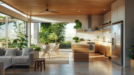 Stylish spacious kitchen and living room with refrigerator and washing machine overlooking cozy dining area with wooden ceiling next to open balcony on sunny day. Concept of modern design solutions