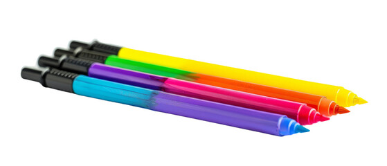 Assortment of colorful pens on a black background.