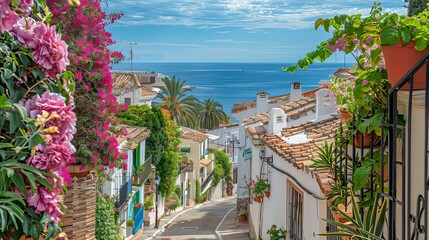 Fototapeta premium nostalgic seaside town in spain flowery fences and distant ocean view