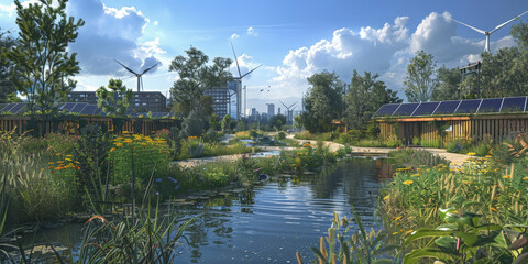 A beautiful, lush green park with a calm pond, solar panels on rooftops, and wind turbines in the background under a bright blue sky.