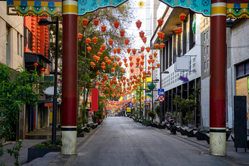 Street decorated with paper lanterns. Chinatown, Mexico City