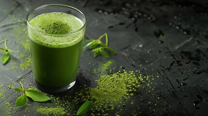 organic matcha green tea powder and drink healthy beverage on black background © Bijac
