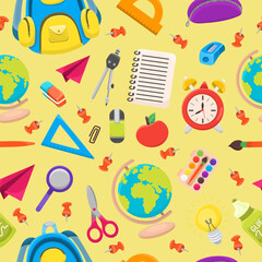  Back to school seamless pattern with different school elements. 