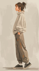 a drawing of a woman standing on a skateboard