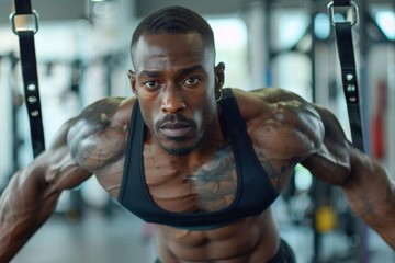 Man performing a series of workout routines in a modern gym, clean background