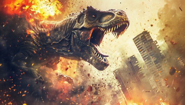 Illustration of an angry dinosaur attacking a city