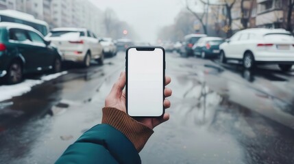 person holding smartphone with customizable screen in parking lot mockup